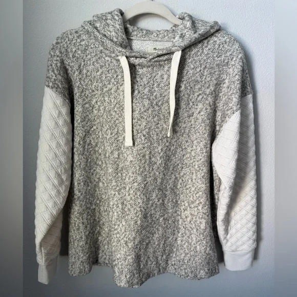 Madewell Oversized Hoodie Heathered Gray & Cream with Quilted Sleeves - Picture 5 of 12